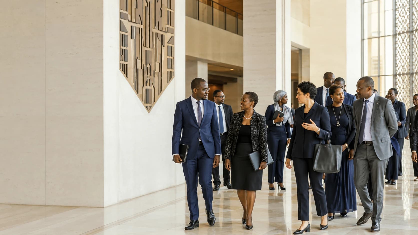 Délégation institutionnelle en conversation dans un couloir